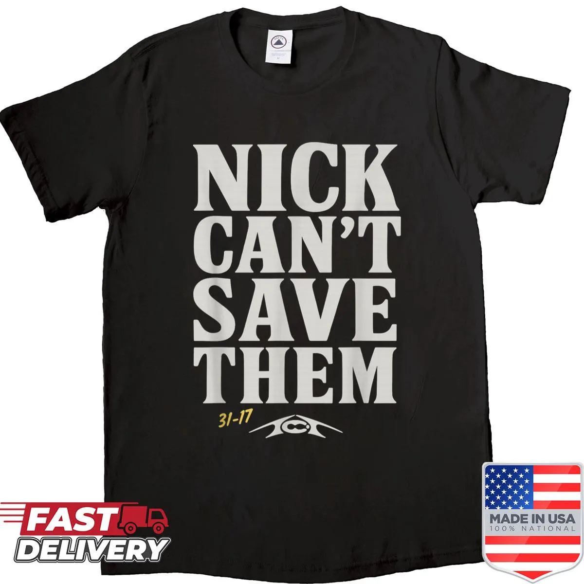 Shirt with the phrase 'Nick Can't Save Them' in an edgy horror design