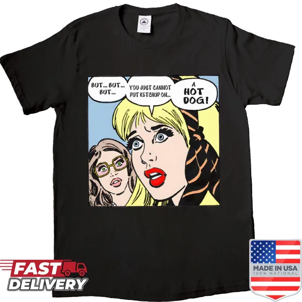 Retro comic shirt with a humorous hot dog graphic and text