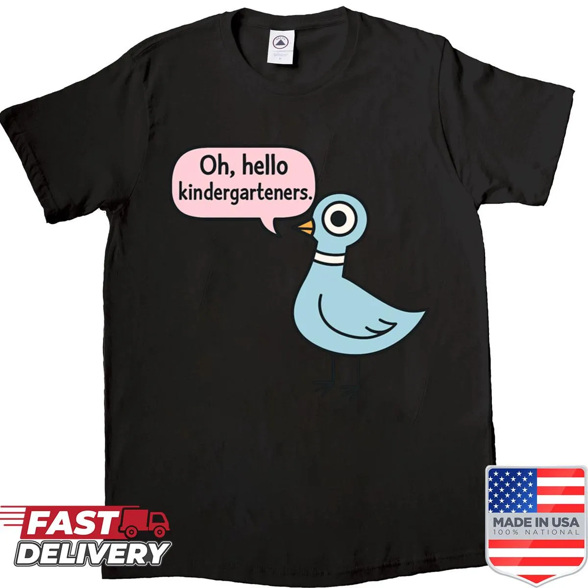 Cute pigeon design with 'Oh Hello Kindergarteners' text on a shirt