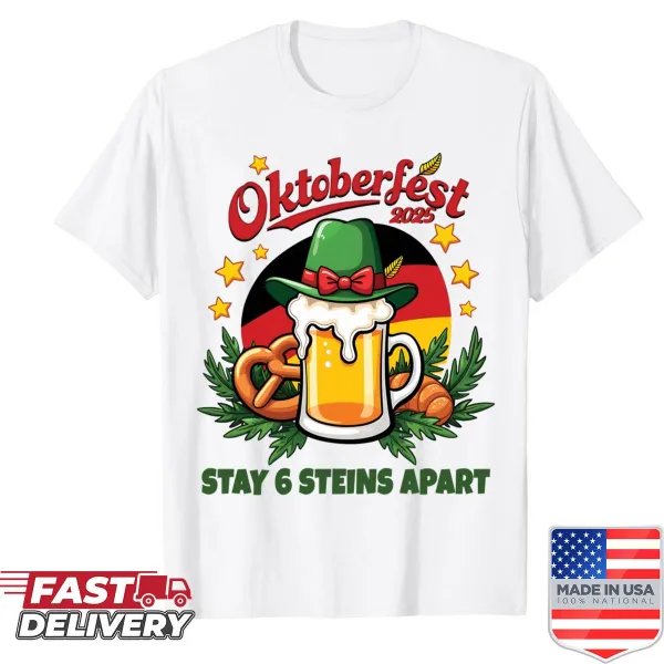 Funny Oktoberfest T-shirt featuring six beer steins