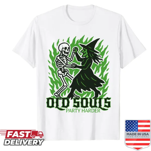 Funny Halloween t-shirt featuring a dancing skeleton and witch.