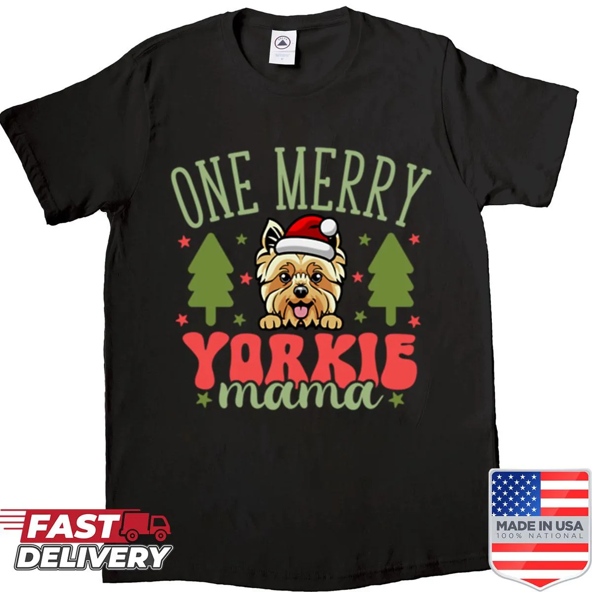 Funny Christmas shirt for Yorkshire Terrier moms with 'One Merry Yorkie Mama'