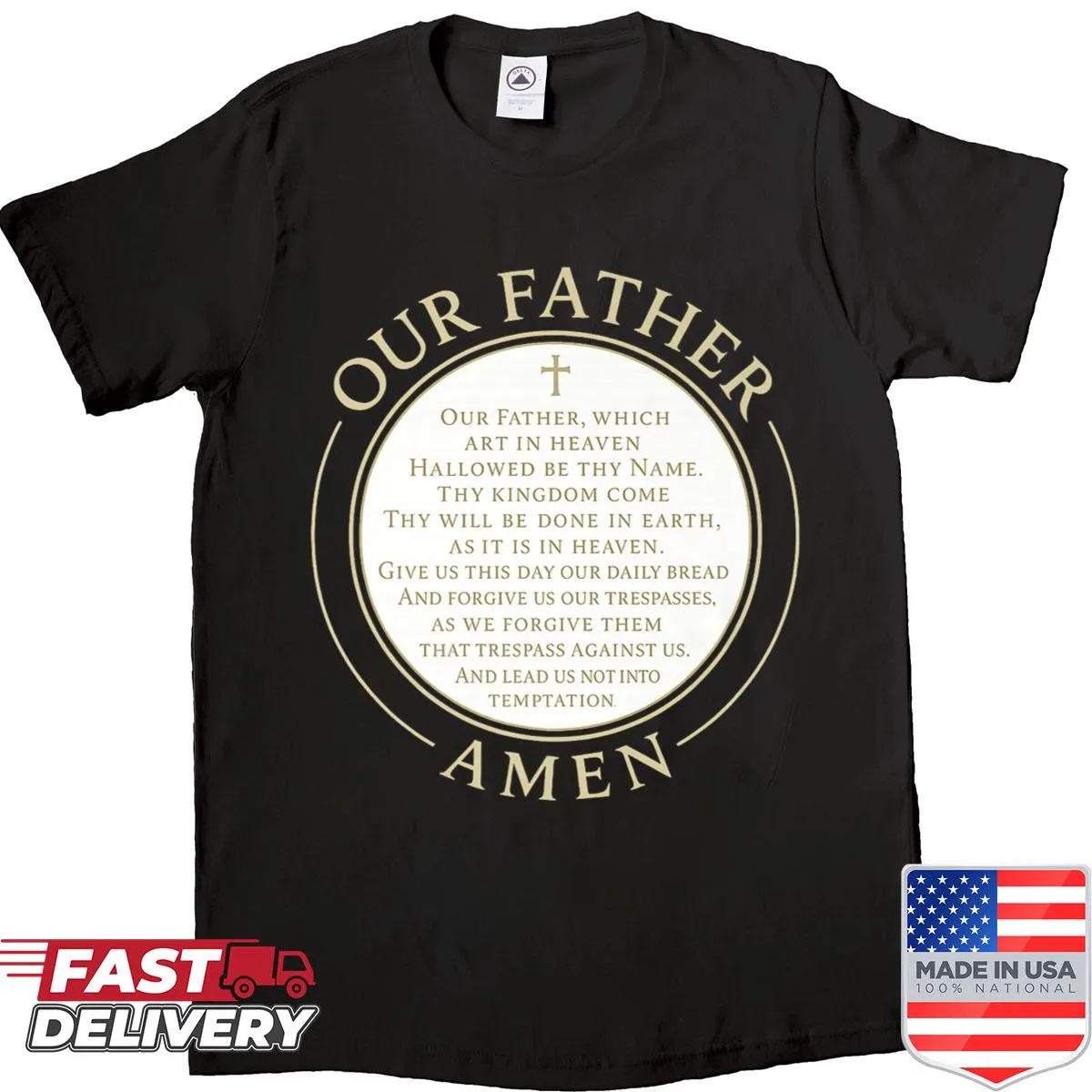 Cross emblem shirt featuring the Lord's Prayer design