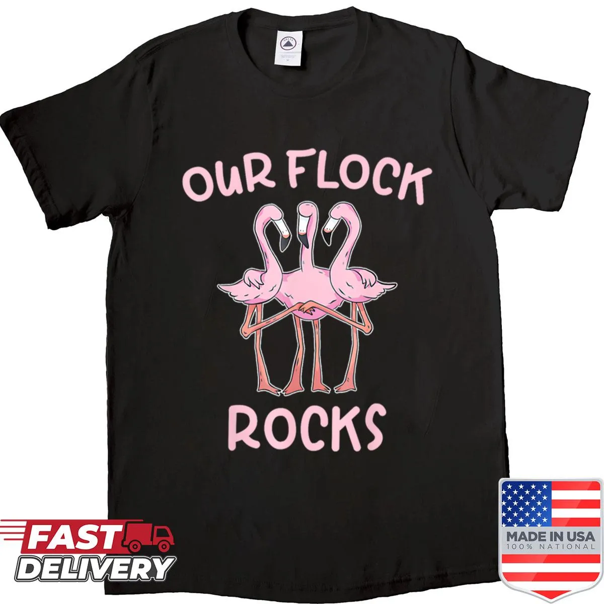 Humorous flamingo-themed t-shirt with 'Our Flock Rocks' design