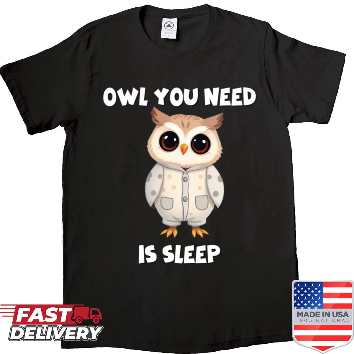 Cute owl design with the pun 'Owl You Need Is Sleep'