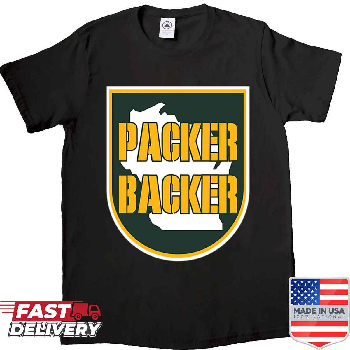 Green Bay shirt featuring bold 'Packer Backer' text for sports fans