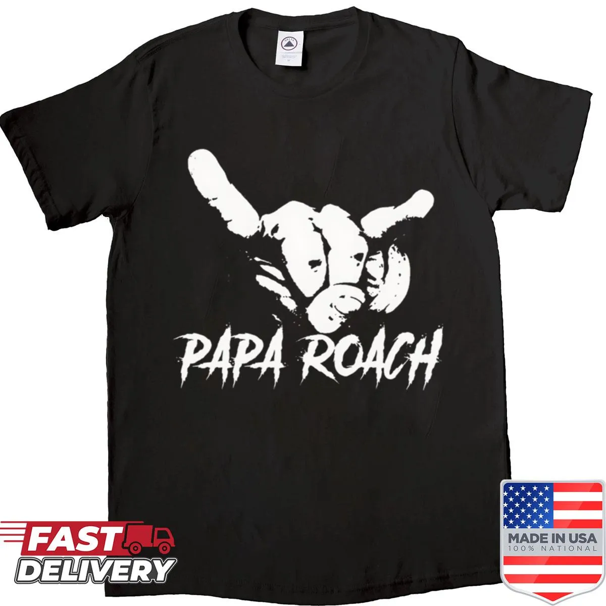 Papa Roach band t-shirt featuring a shaka sign illustration