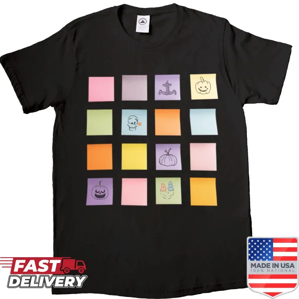 Whimsical pastel Halloween doodles on a shirt resembling sticky notes
