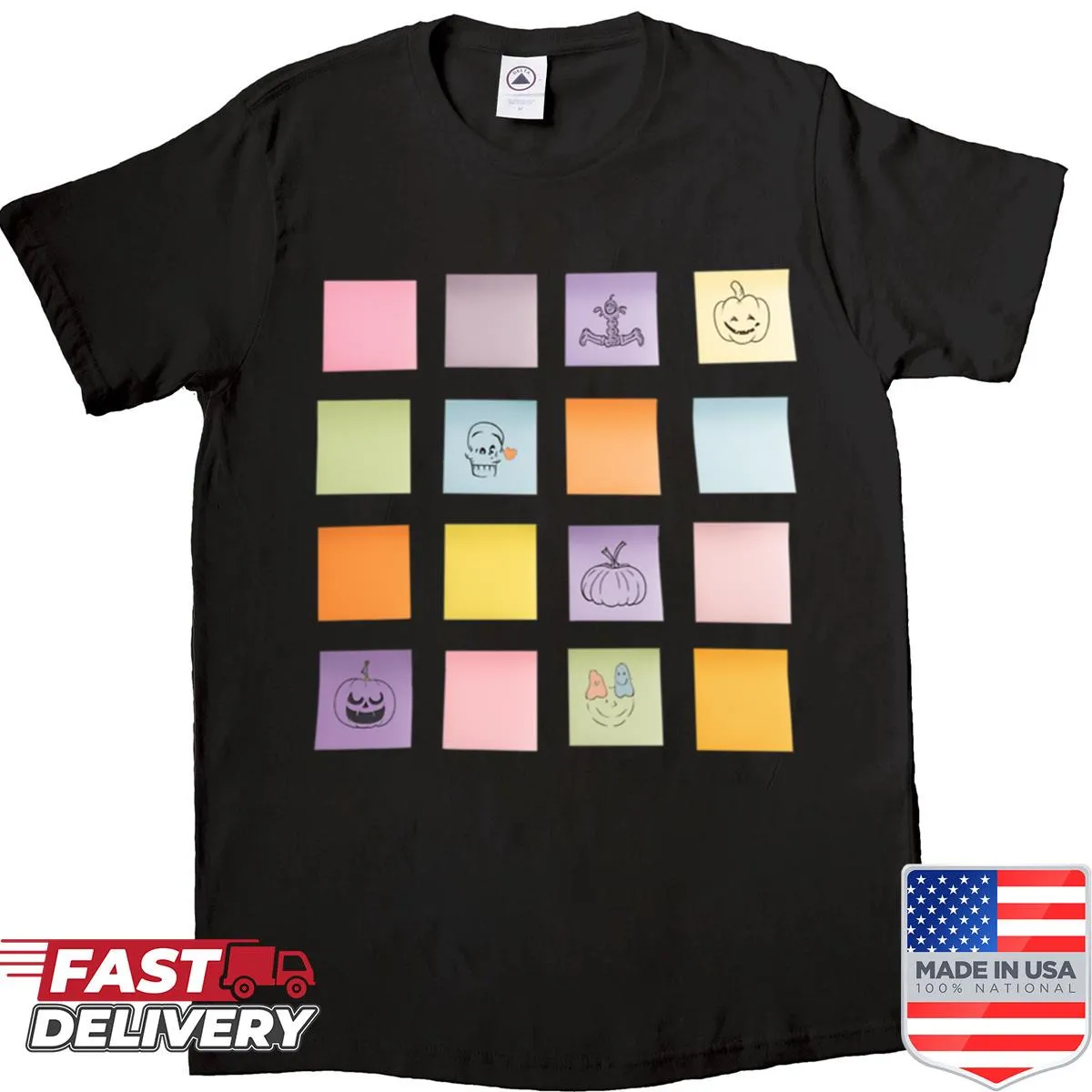 Whimsical pastel Halloween doodles on a shirt resembling sticky notes