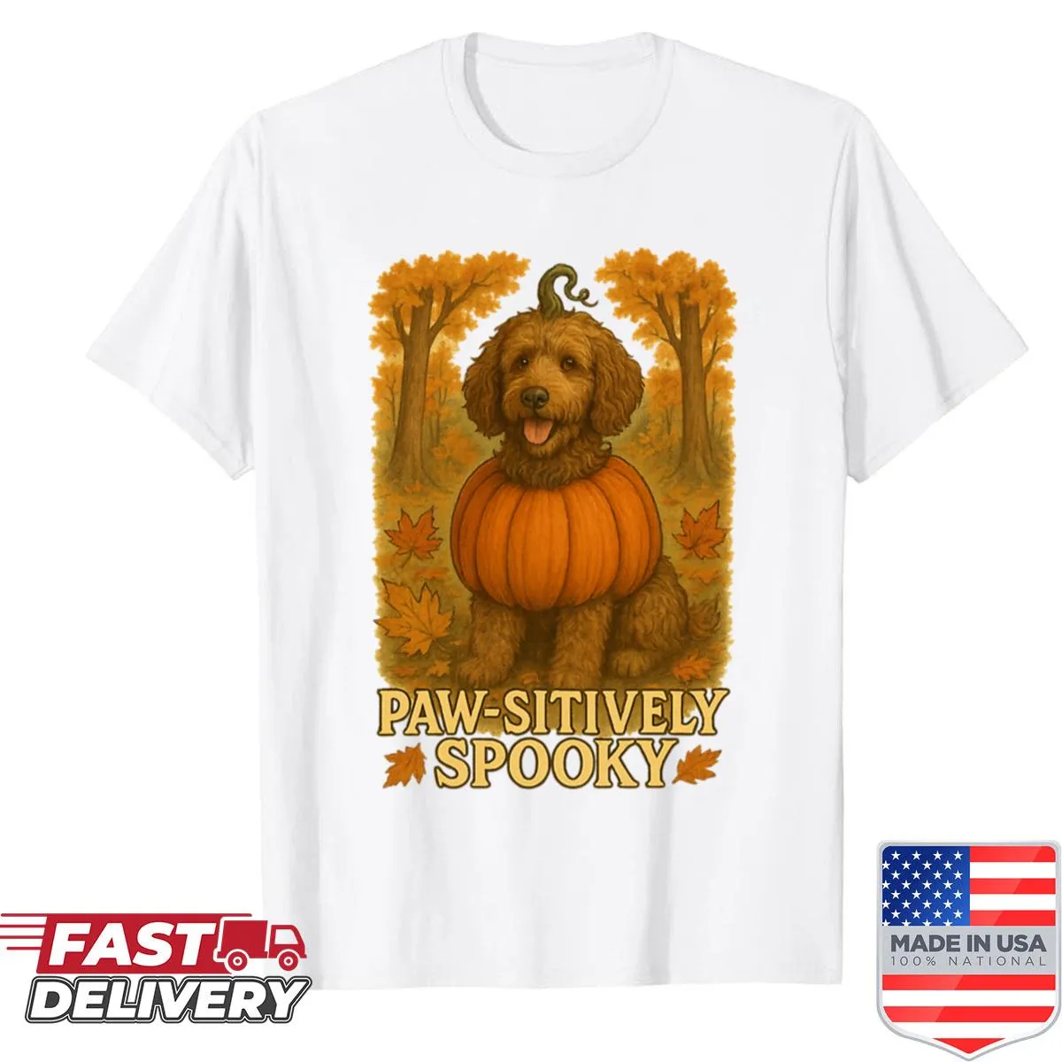 Cute Halloween t-shirt featuring a Labradoodle and pumpkins.