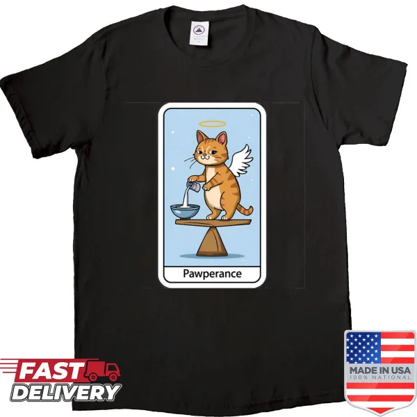 Whimsical cat tarot card shirt featuring an illustrated Temperance design