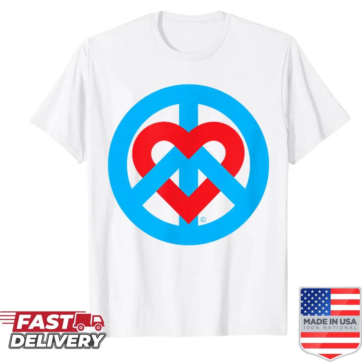 Retro-style shirt featuring peace and love icons in a thoughtful design
