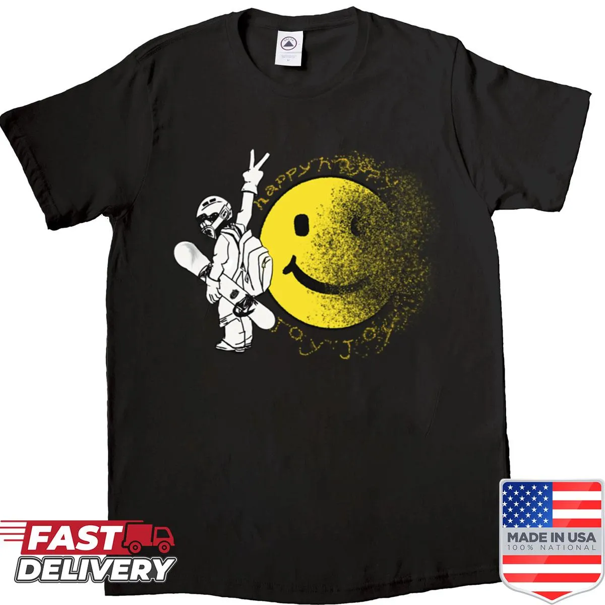 Snowboarder character graphic on cheerful shirt
