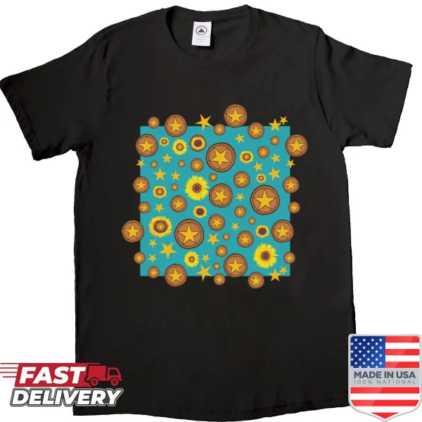 Illustrated T-shirt featuring pentacles and sunflowers.