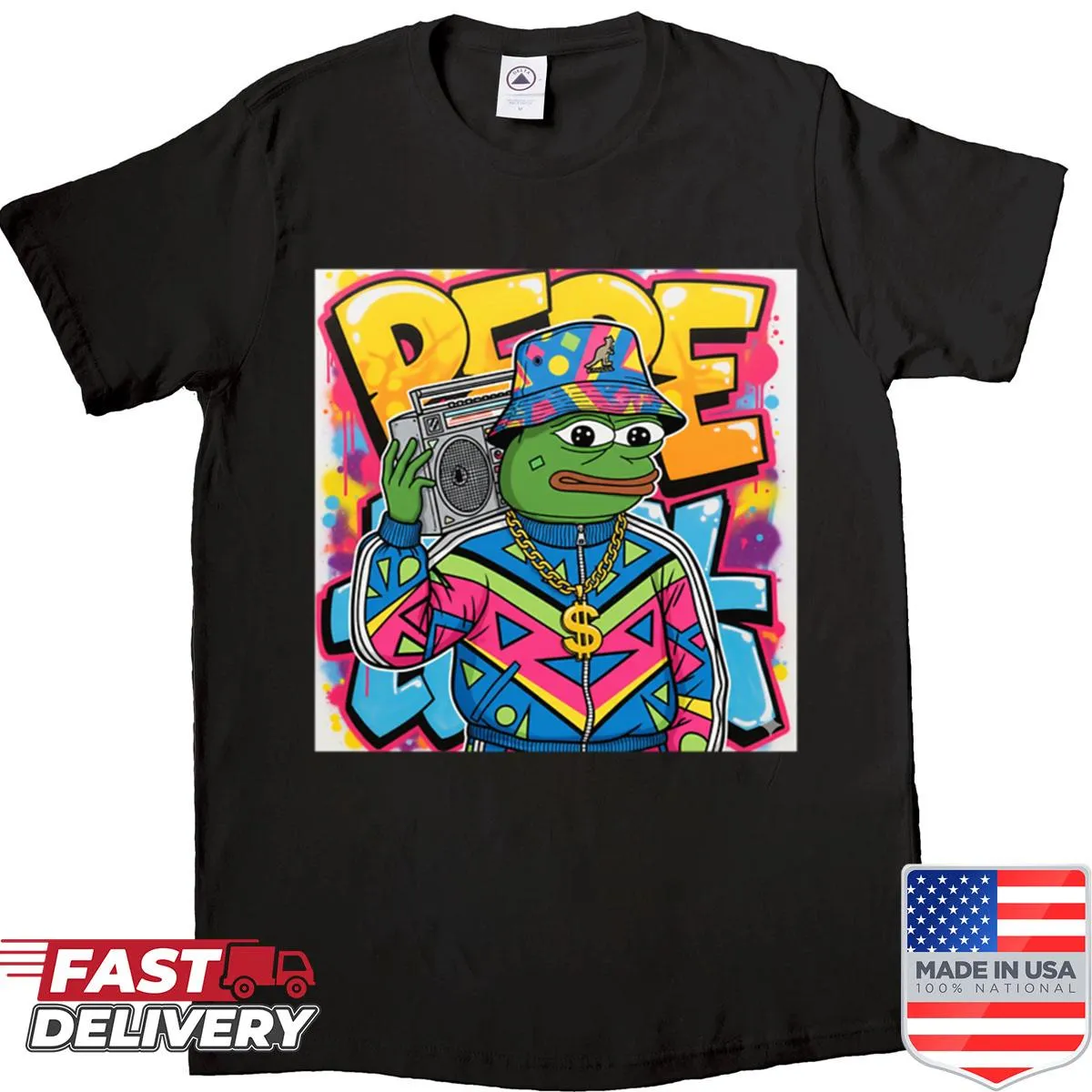 Retro Pepe Frog graphic on a hip hop-themed T-shirt