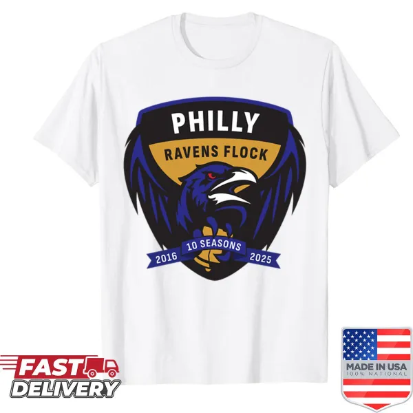 Shirt featuring the Philly Ravens Flock logo celebrating 10 seasons.