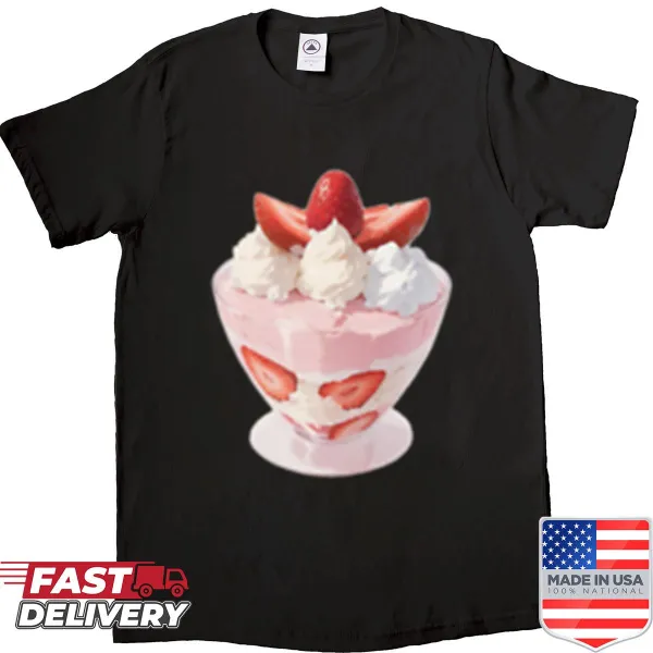 Whimsical graphic of pink and white strawberry pudding on shirt