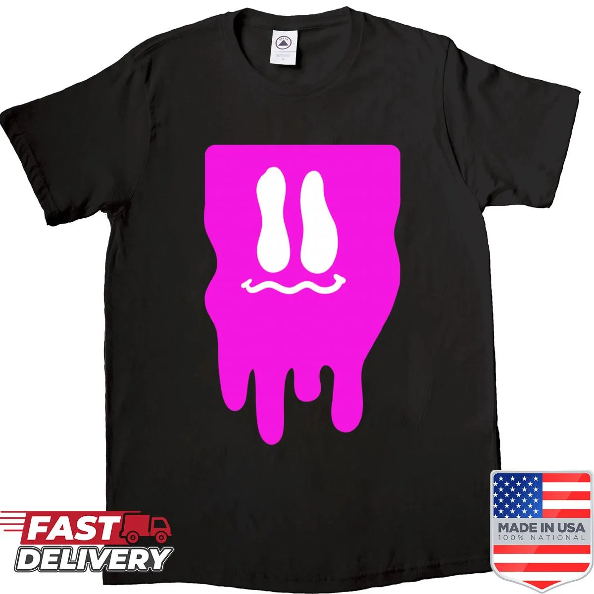 Abstract pink melty block face graphic on a t-shirt.