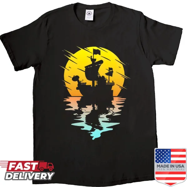 Silhouette t-shirt featuring a pirate ship against a sunset