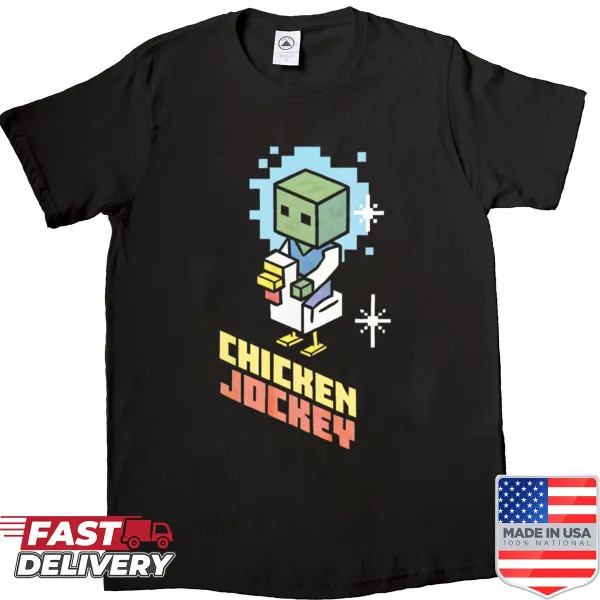 Pixelated graphic of a zombie chicken jockey on shirt