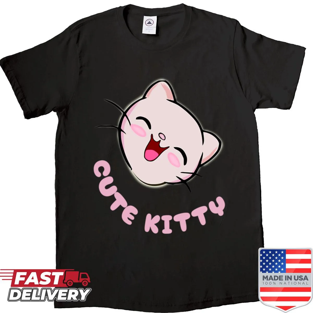 Cute cartoon kitty design with playful text on shirt