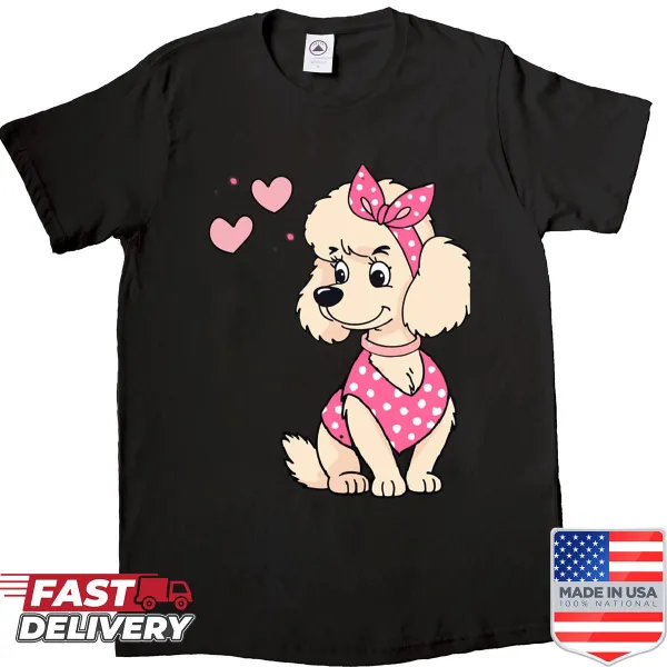 Vintage poodle pin-up girl graphic with polka dots on a t-shirt.
