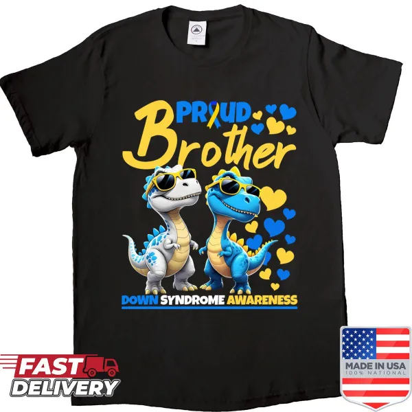 Graphic of a dinosaur with text 'Proud Brother' on shirt