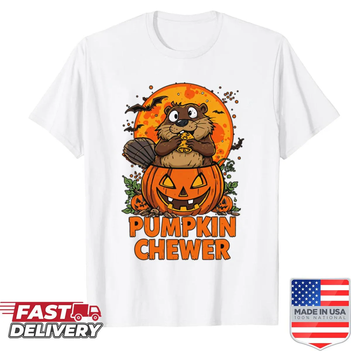 Humorous graphic of a beaver chewing a pumpkin for Halloween