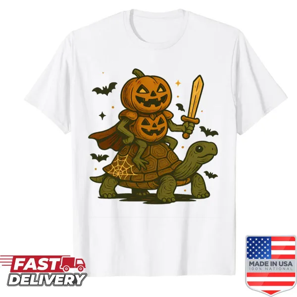 Cute Halloween shirt featuring a frog sitting on a pumpkin in a fun design