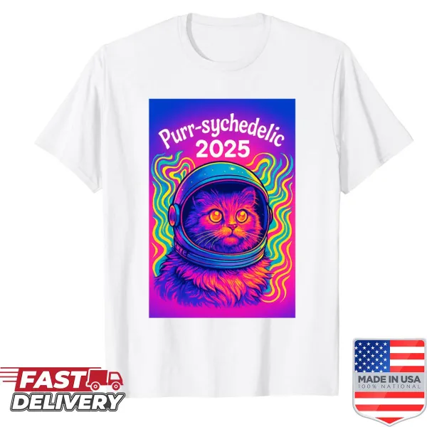 Psychedelic astronaut cat graphic exploring space