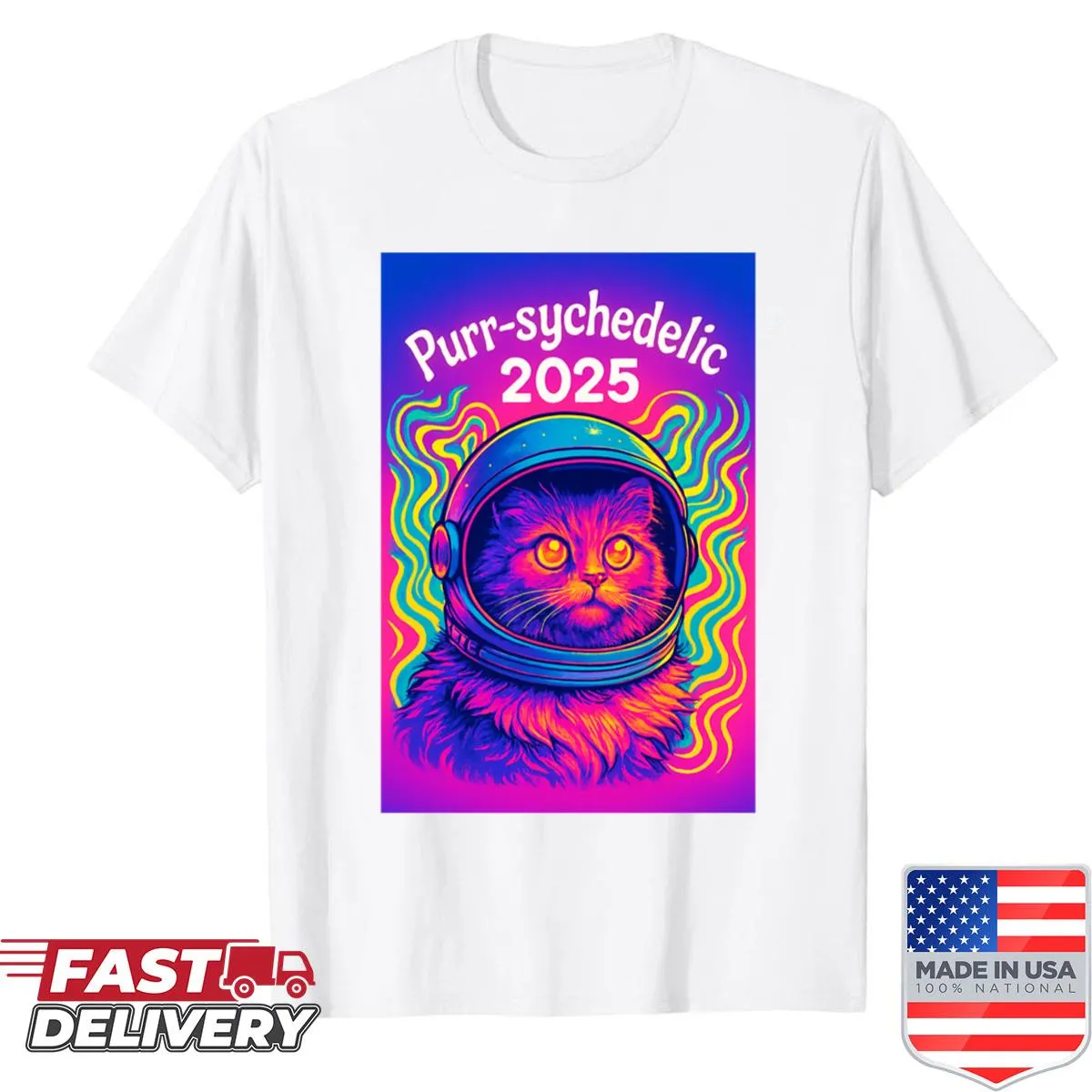 Psychedelic astronaut cat graphic exploring space