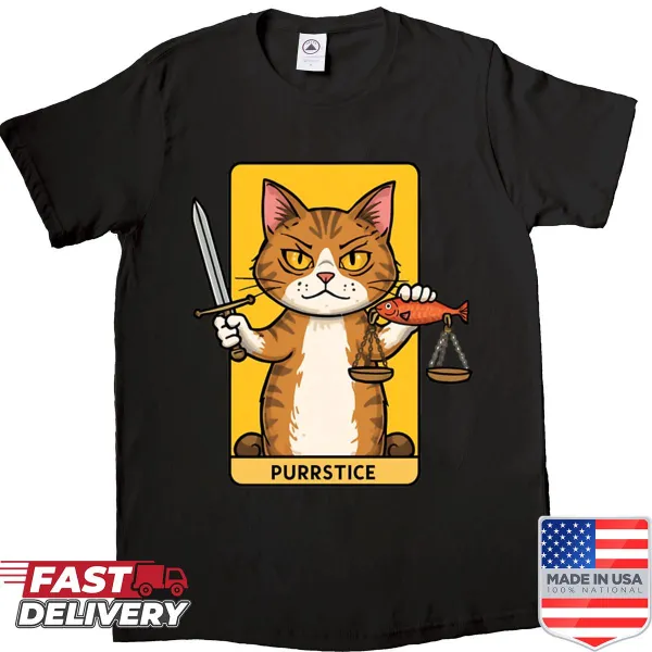 Illustrated tarot card shirt featuring a cat and the word 'Justice'