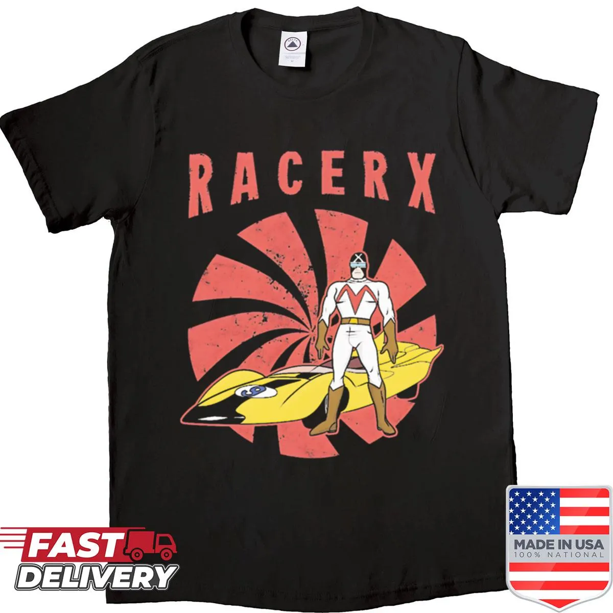 Dynamic racer graphic on a playful car-themed shirt