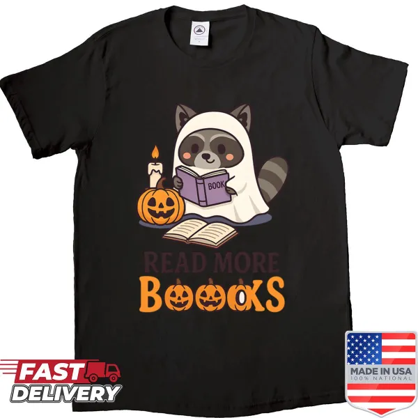 Shirt featuring a raccoon ghost with the text 'Read More Booooks'