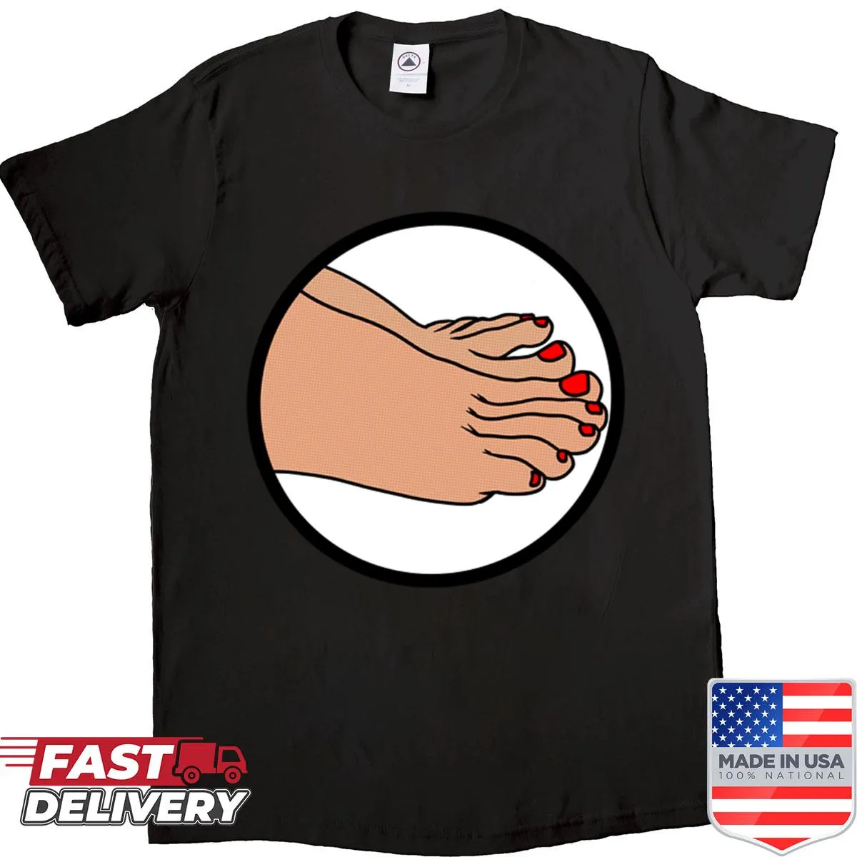 Red Toes Badge shirt featuring a quirky badge graphic