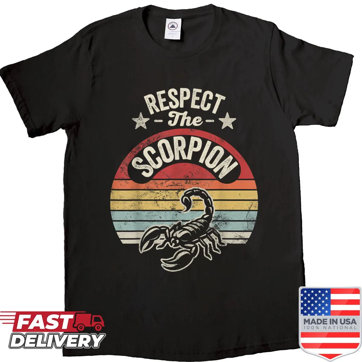 Retro shirt with a bold scorpion emblem and text design