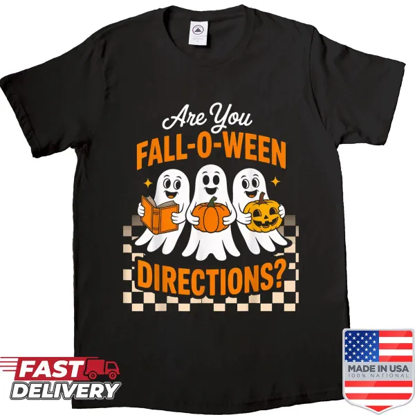 Retro Halloween shirt with ghost illustration and playful text.
