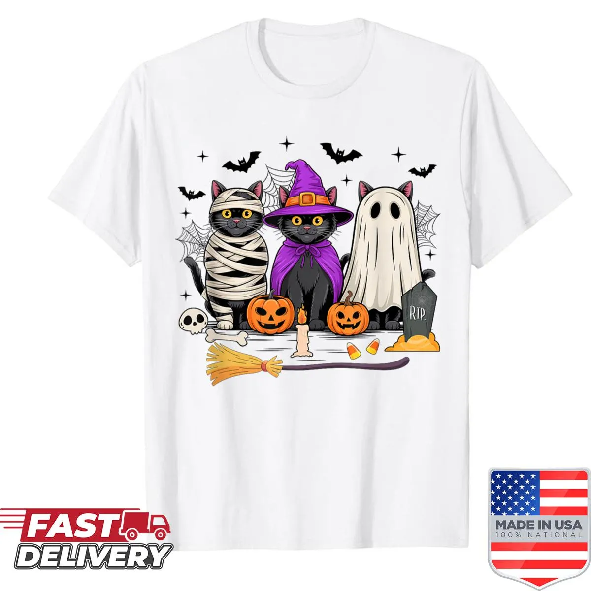 Vintage Halloween shirt featuring a black cat and pumpkin