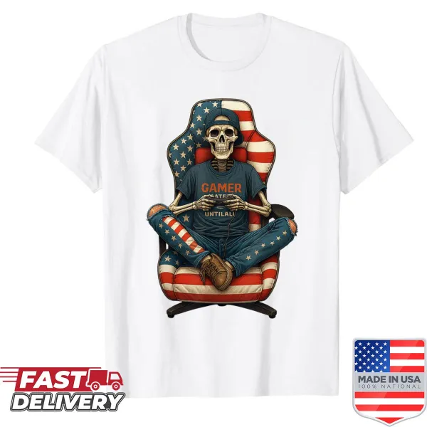 Funny skeleton gamer graphic with stars in a retro style