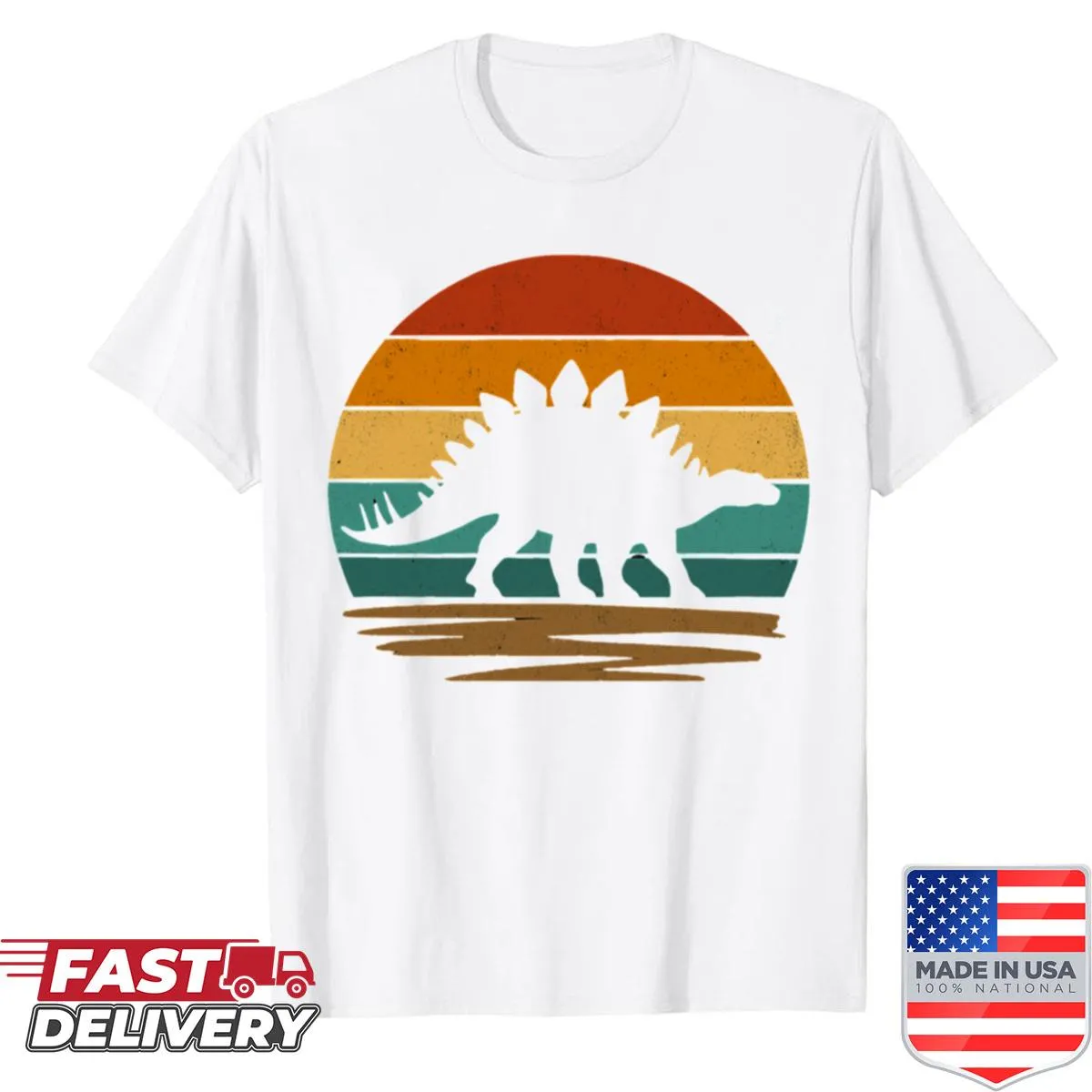 Vintage Stegosaurus dinosaur design with retro sunset