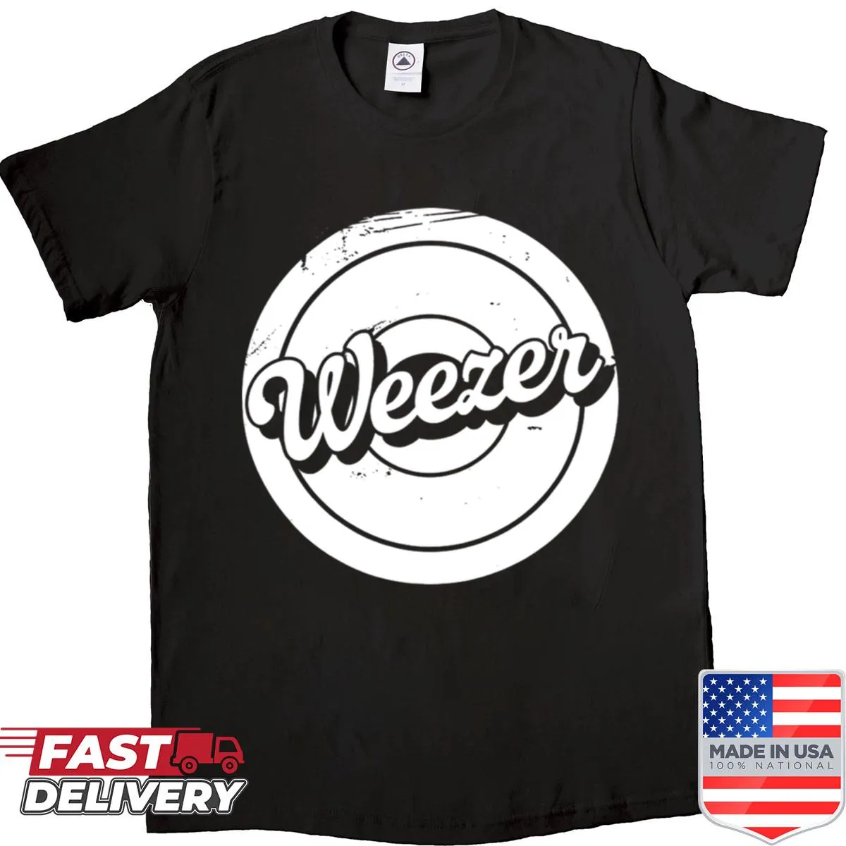 Retro band shirt with a white silhouette logo design