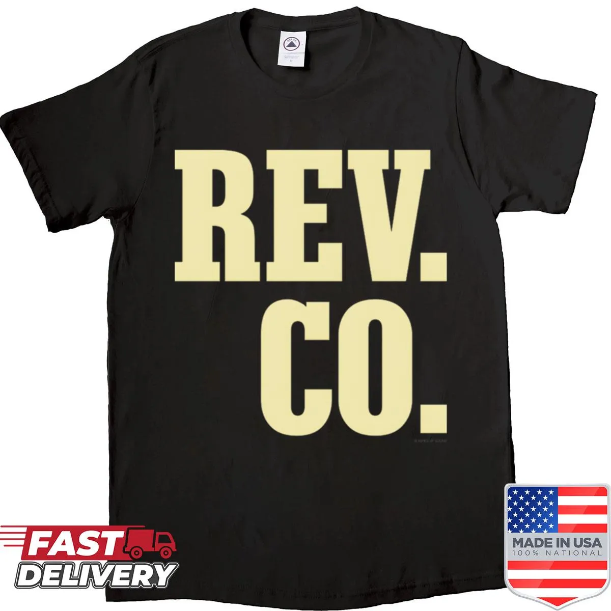 Shirt featuring Rev Co Ministry front design.
