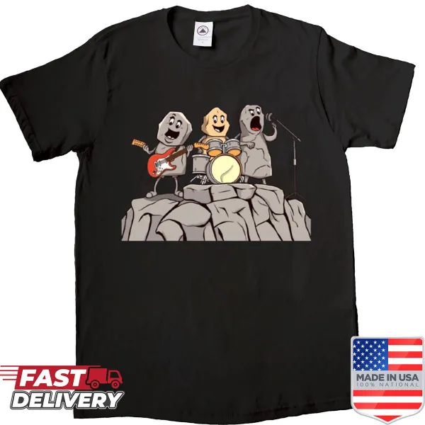 Funny cartoon of stone musicians on an oversized shirt.