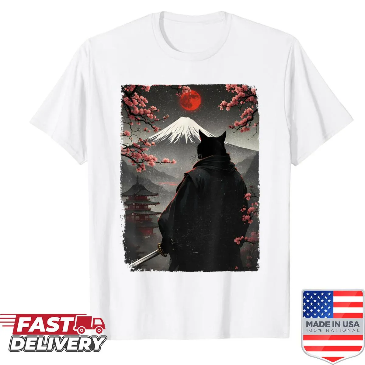 Graphic shirt with a Samurai cat warrior and Fuji Mountain design