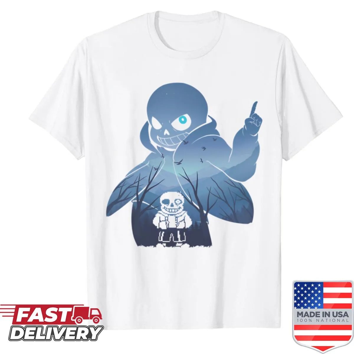 Cartoon t-shirt featuring the character Sans from a game