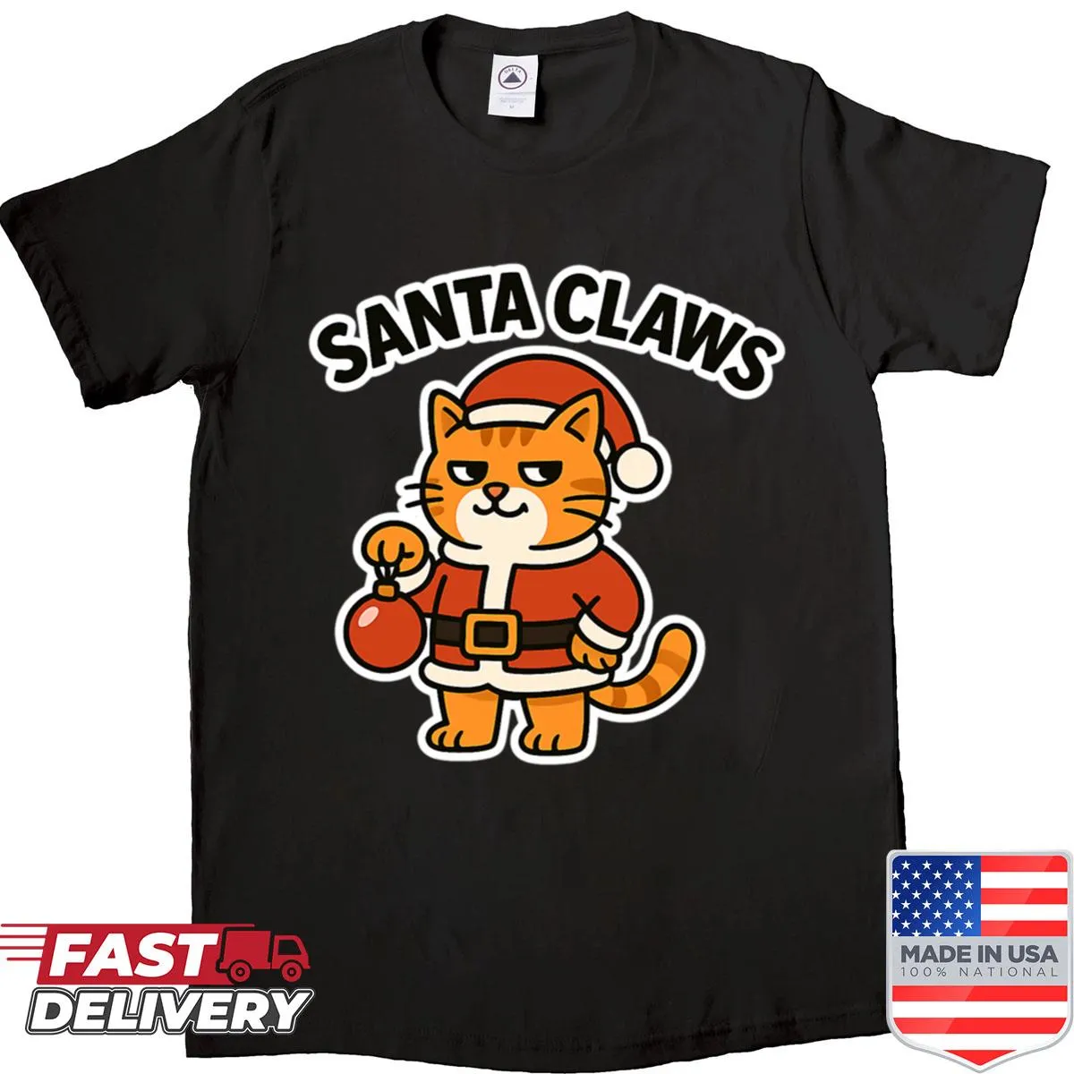 Funny Christmas shirt with a cat dressed as Santa Claws