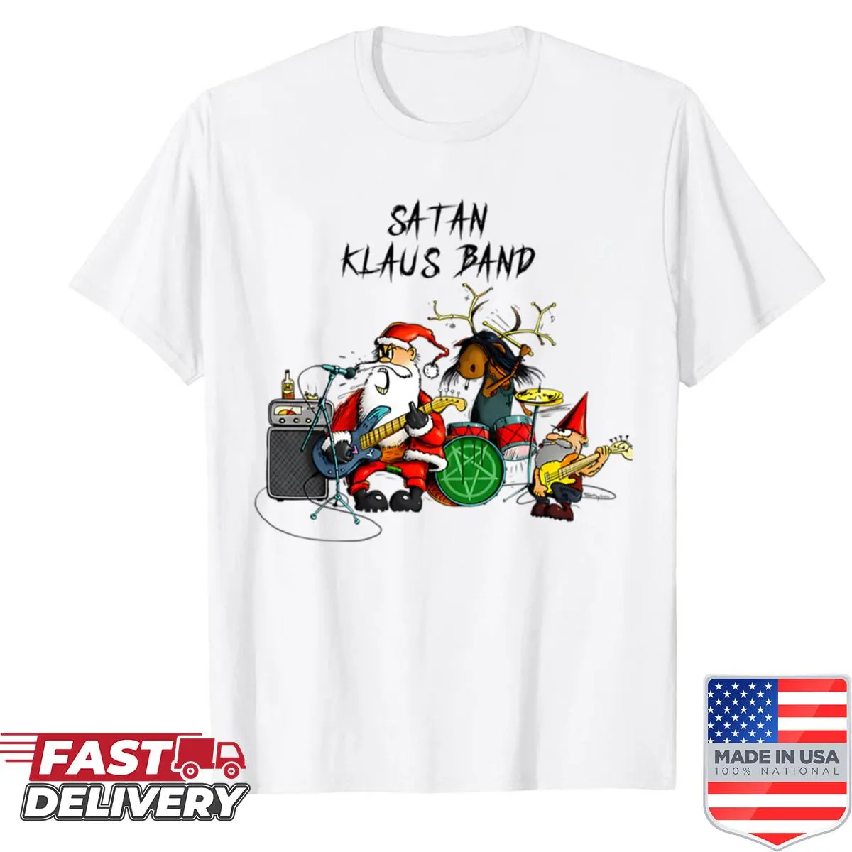 Festive shirt featuring a playful Satan Klaus Band illustration