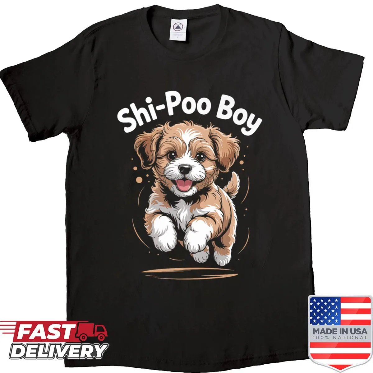 Cute cartoon Shi Poo dog graphic on a t-shirt