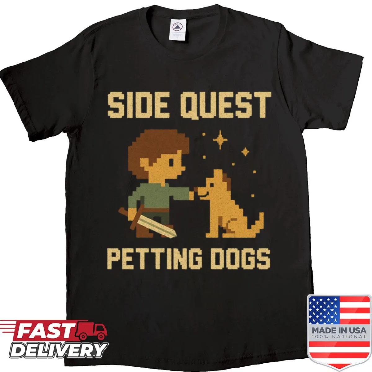 8-bit pixel art gaming shirt featuring a side quest to pet dogs