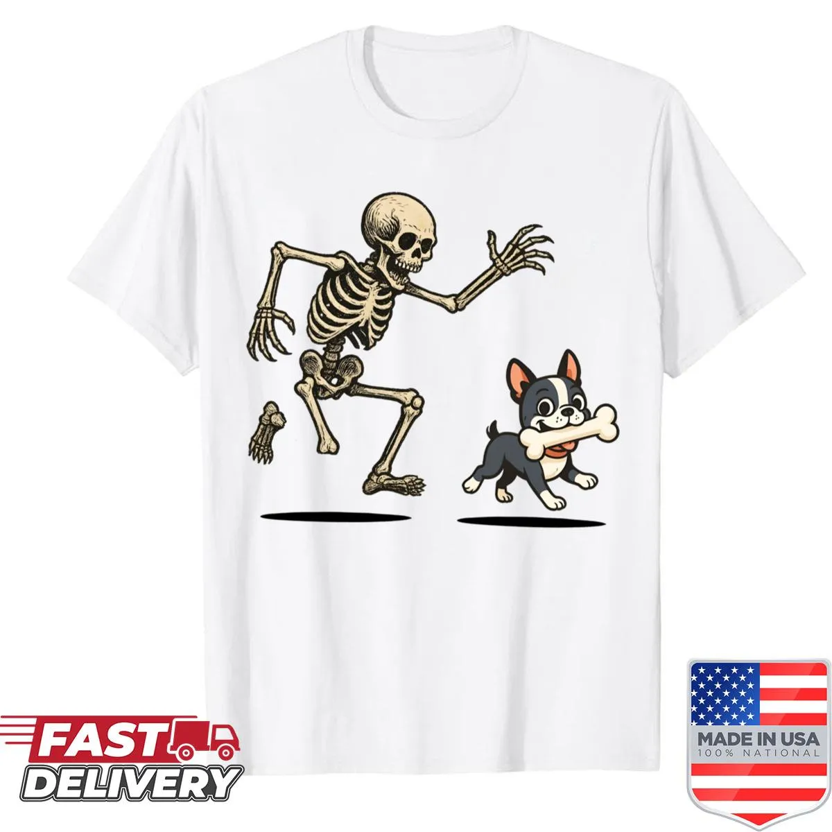 Halloween shirt with a skeleton chasing a Boston Terrier